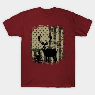 Camo US Flag Deer Elk Buck Camoflage Hunting Hunter Dad T-Shirt